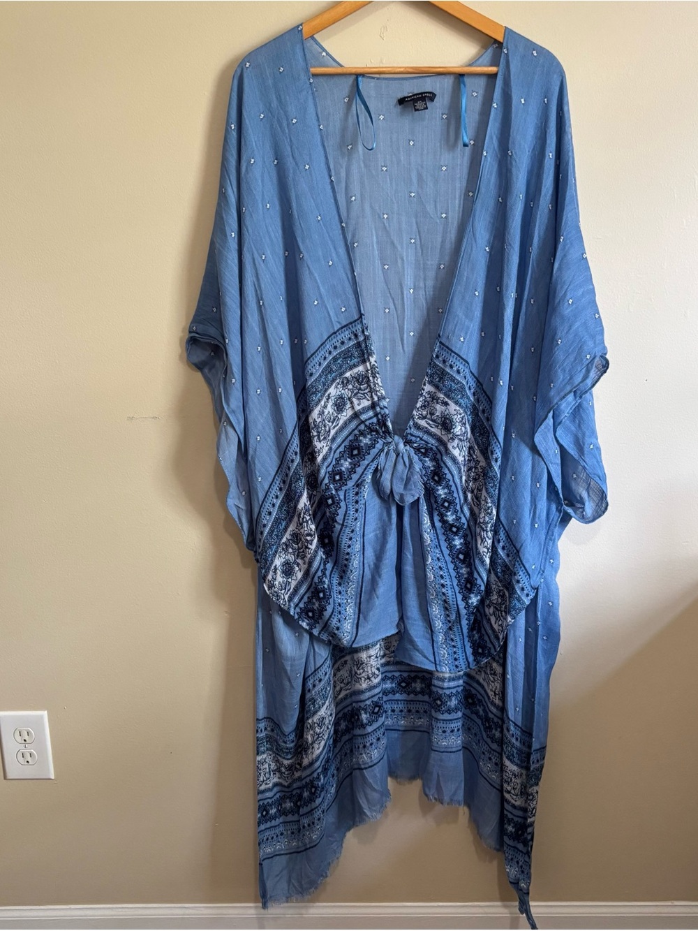 American Eagle Blue Floral Boho Kimono Cover Up OS Raw Hem High Low